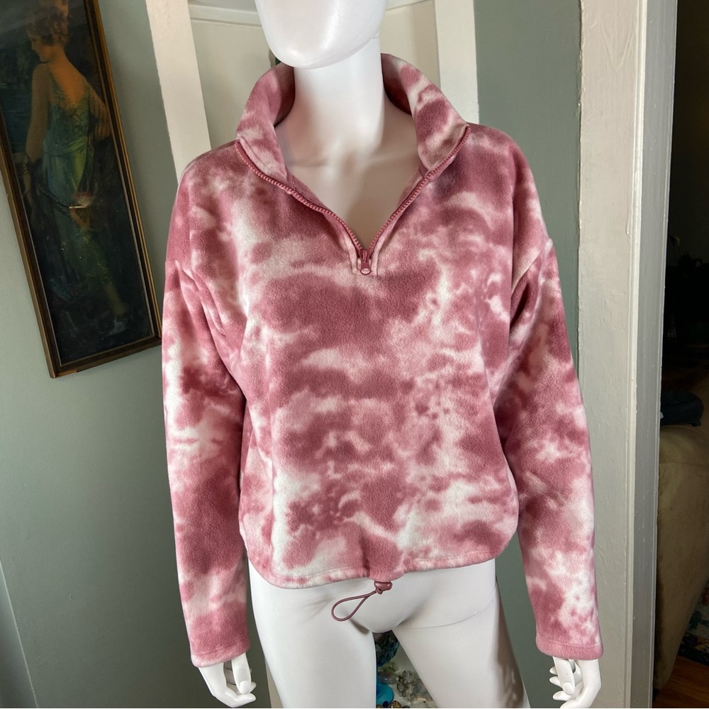 Hippie Rose Pink White Tie-Dye Fleece Cropped Sweatshirt Sweater L Quarter Zip